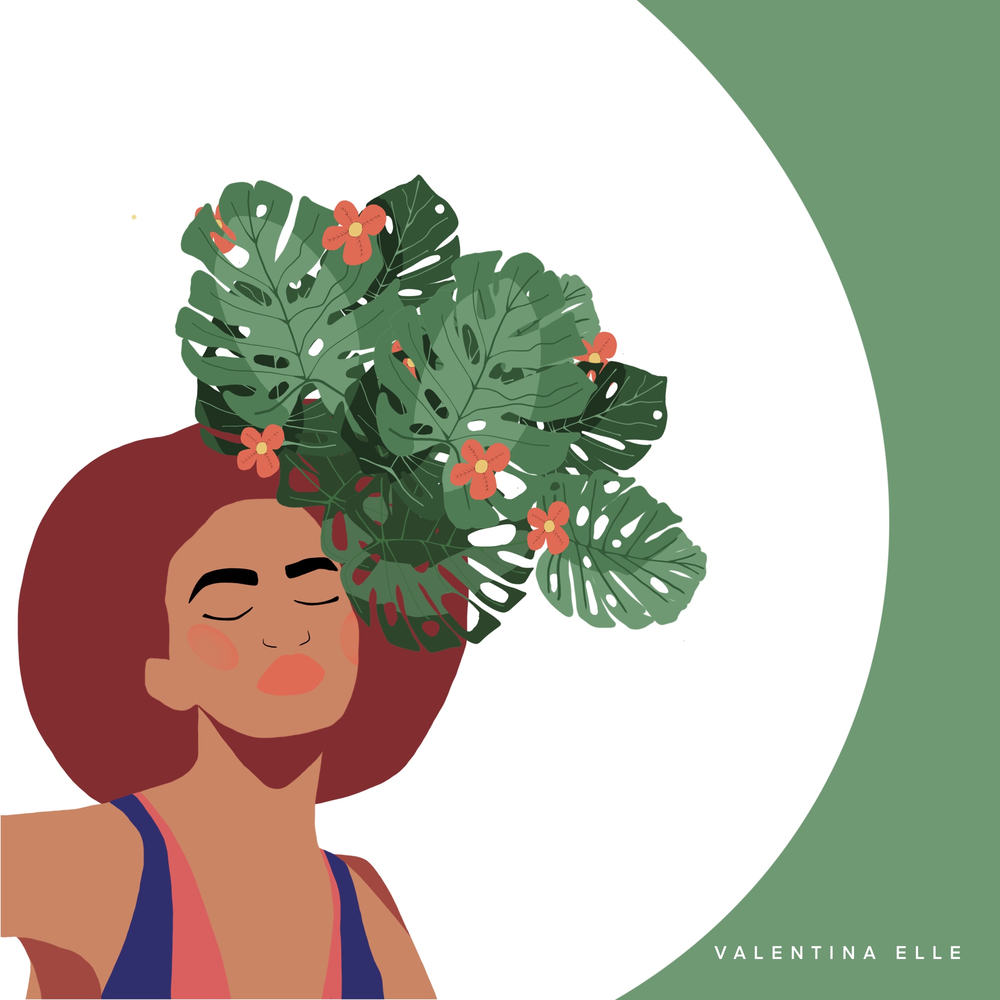 Illustrations Illustration of a woman with monstera leaves and red flowers growing from her hair