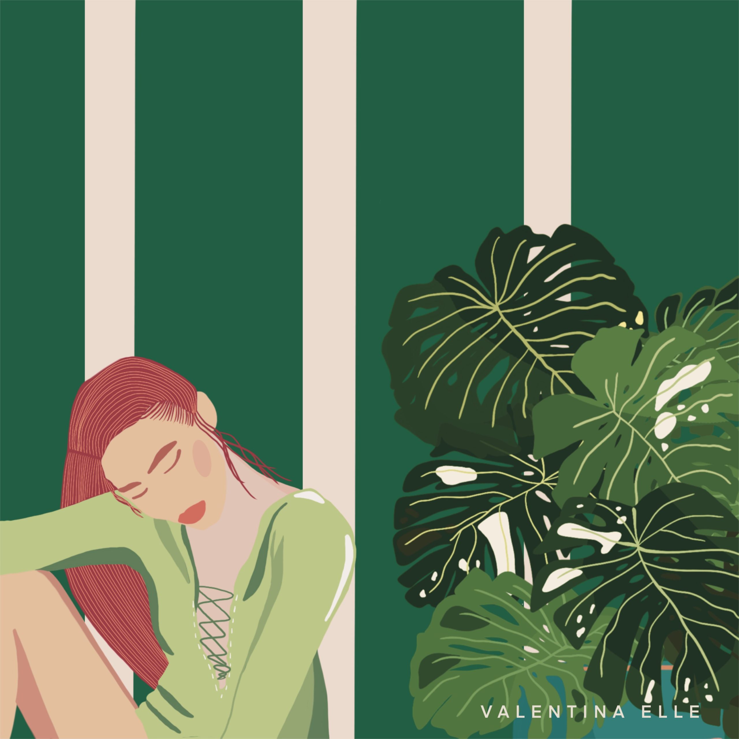 Illustrations Illustration of a woman with red hair in a green top next to a monstera on a striped green wall