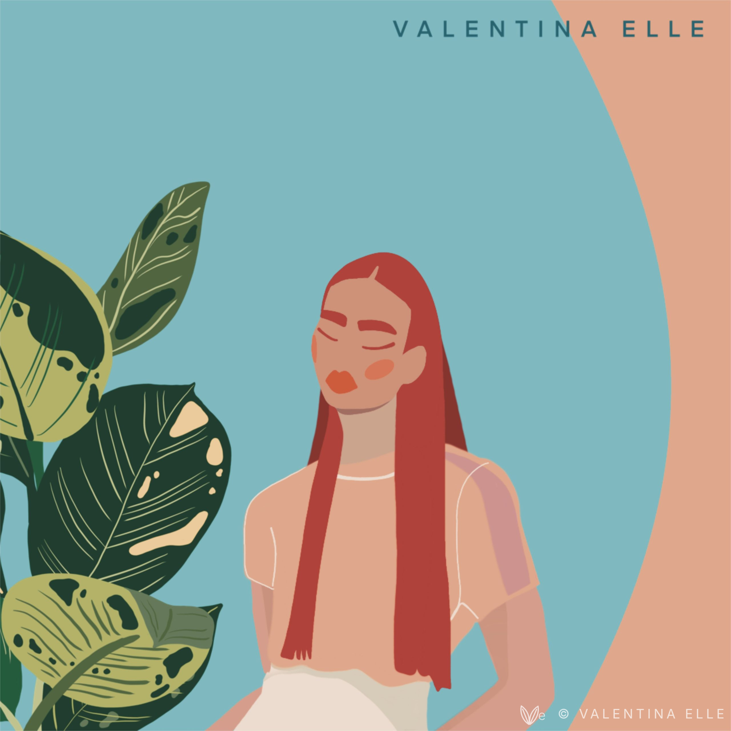 Illustrations Illustration of a woman with long red hair among green leaves on a blue and peach background