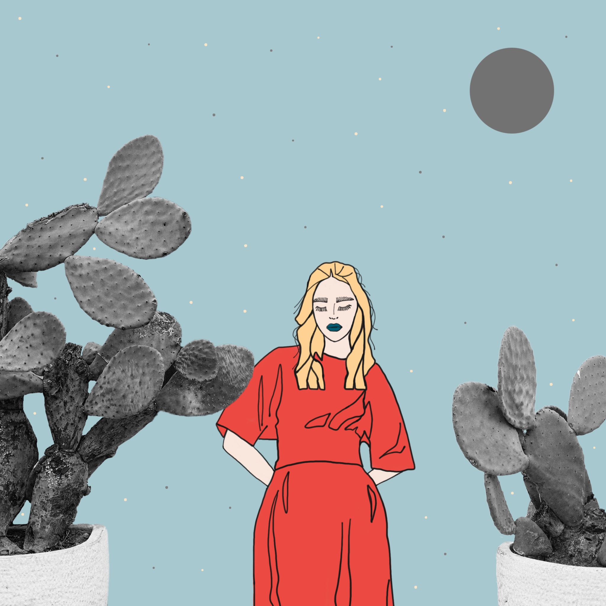 Illustrations Collage of a blonde woman in a red dress between potted prickly pears under a light blue starry sky