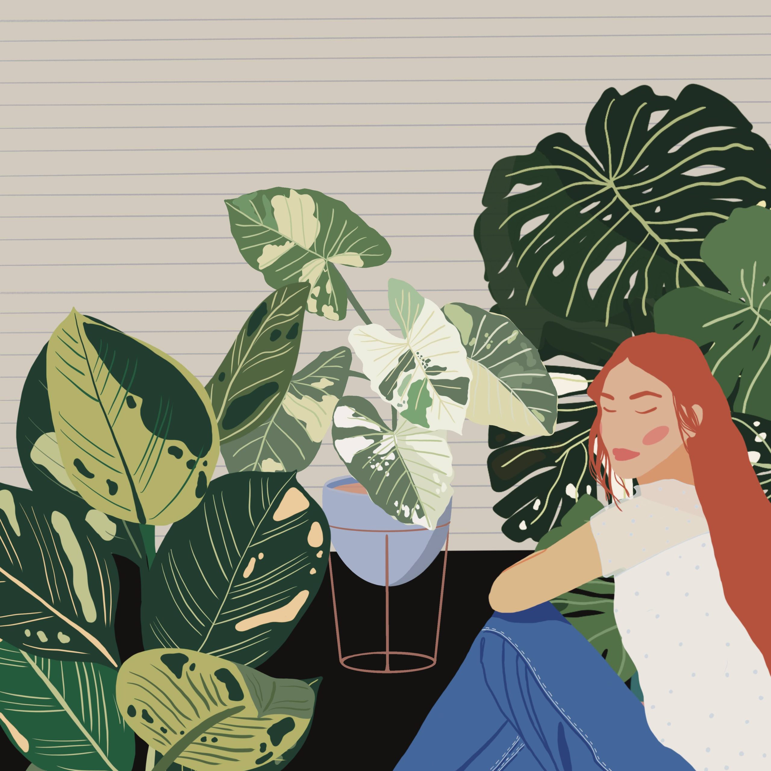 Illustrations Illustration of a red-haired woman sitting among houseplants against a light striped wall