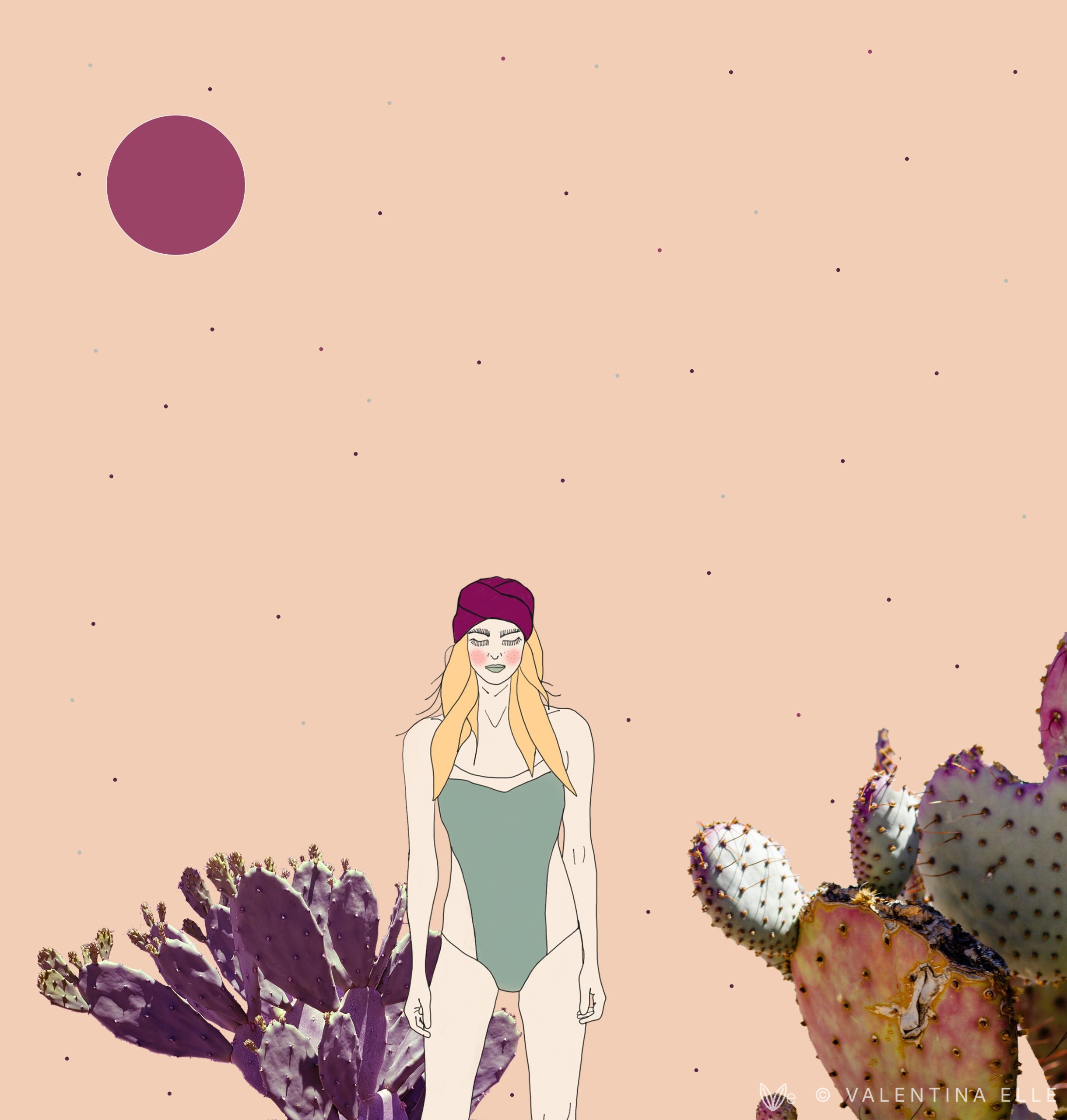 Illustrations Collage of a woman in a plum turban and a mint swimsuit among purple prickly pears under a plum moon