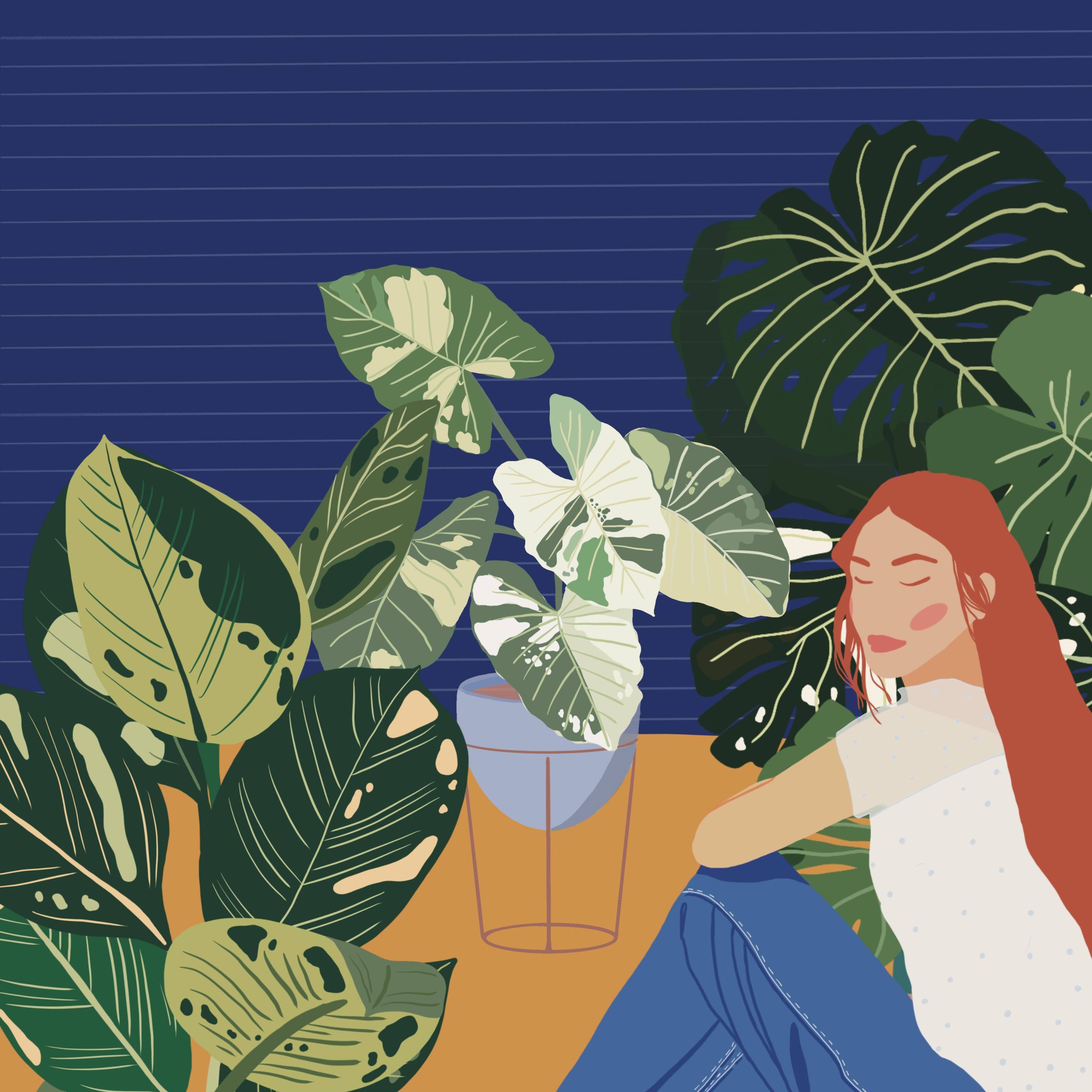 Illustrations Illustration of a red-haired woman sitting among houseplants against a dark blue striped wall