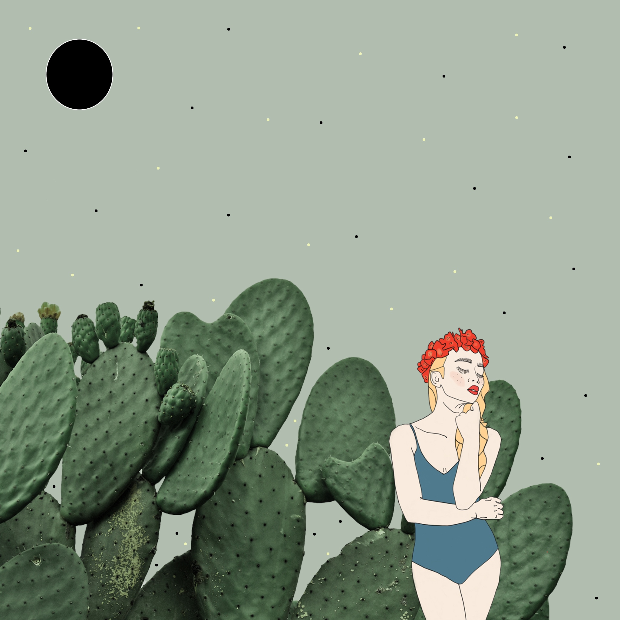 Illustrations Collage of a woman with a red flower crown and a blue swimsuit among green prickly pears under a black moon