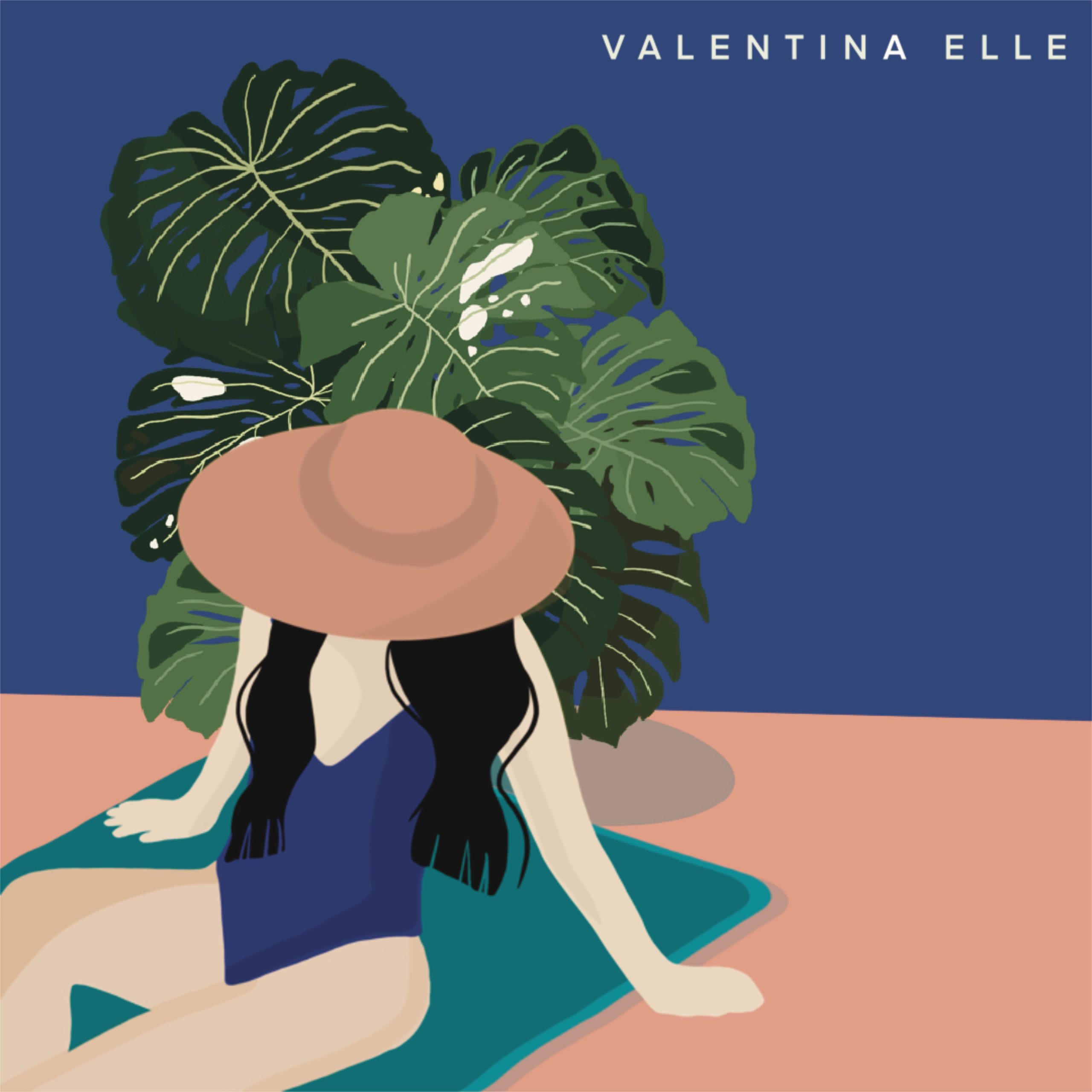 Illustrations Illustration of a woman in a wide pink hat sitting on a towel in front of a monstera plant