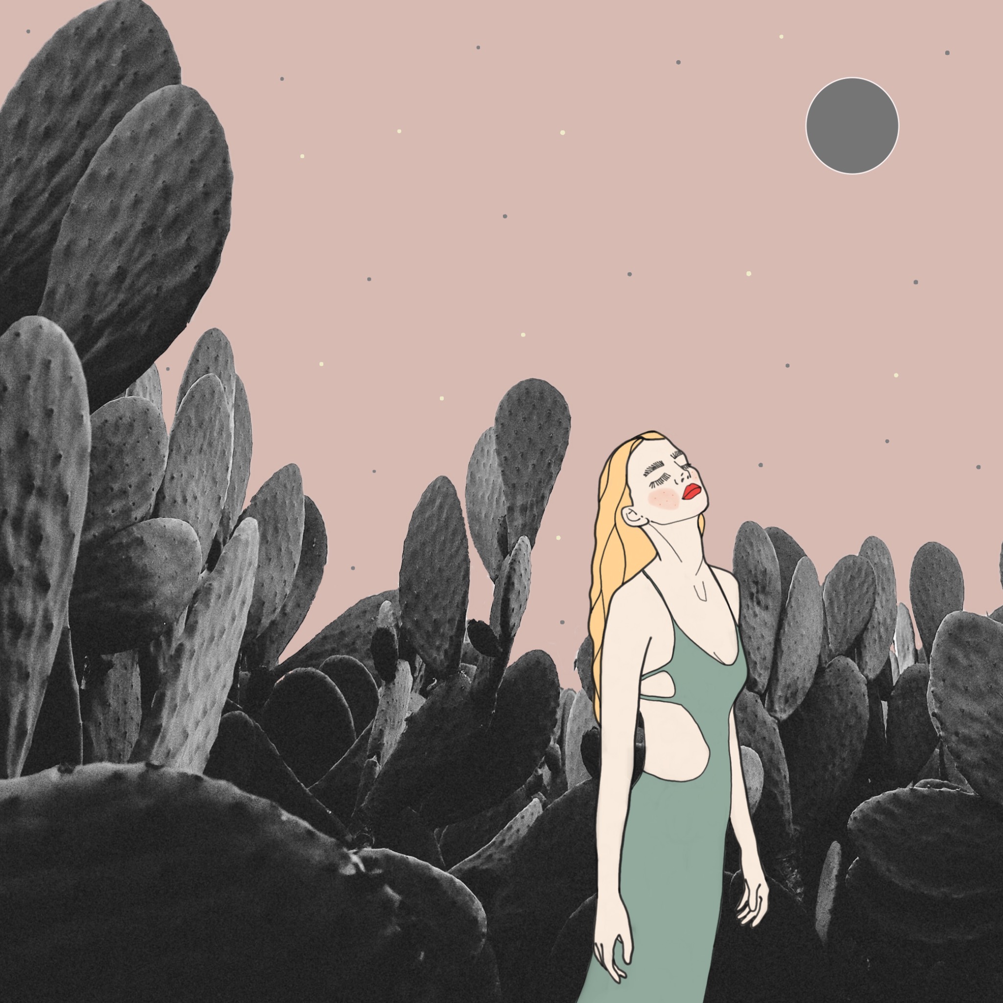 Illustrations Collage of a blonde woman in a green dress looking up at the moon among dark prickly pears and a pink sky
