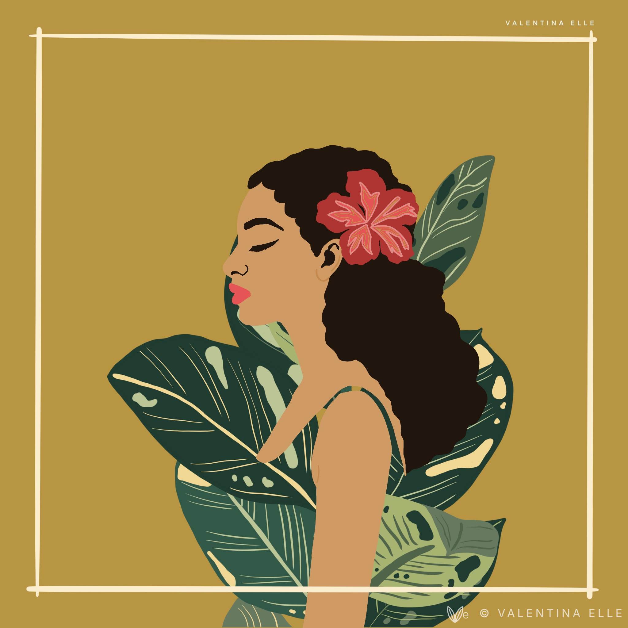 Illustrations Illustration of a woman in profile with a red hibiscus in her hair on a mustard background