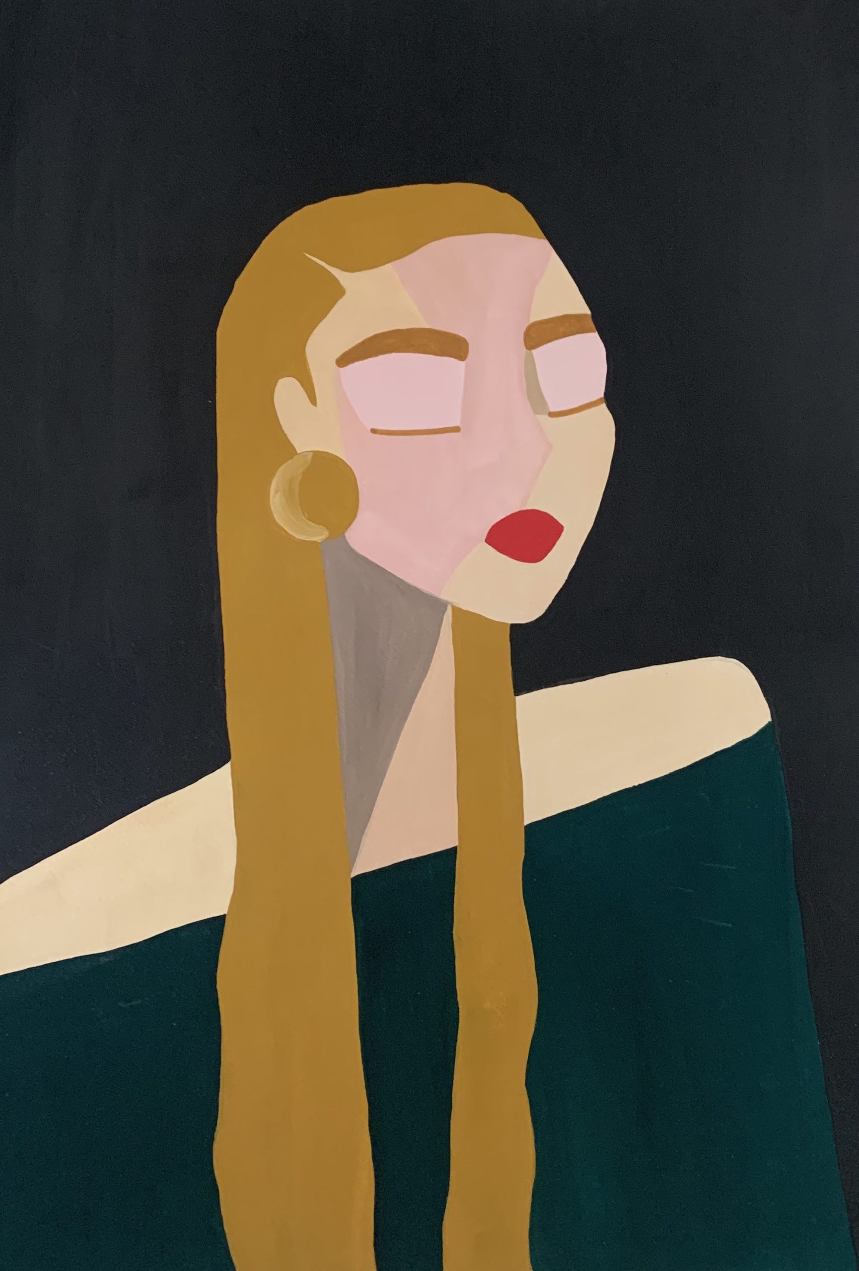 Paintings Acrylic painting of a woman with long golden hair and a round earring on a black background