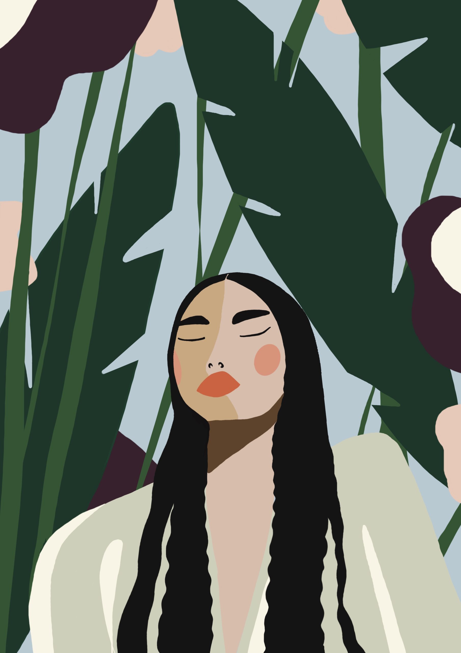 Illustrations Illustration of a woman with long braids and closed eyes among large green leaves and calla flowers under a light blue sky