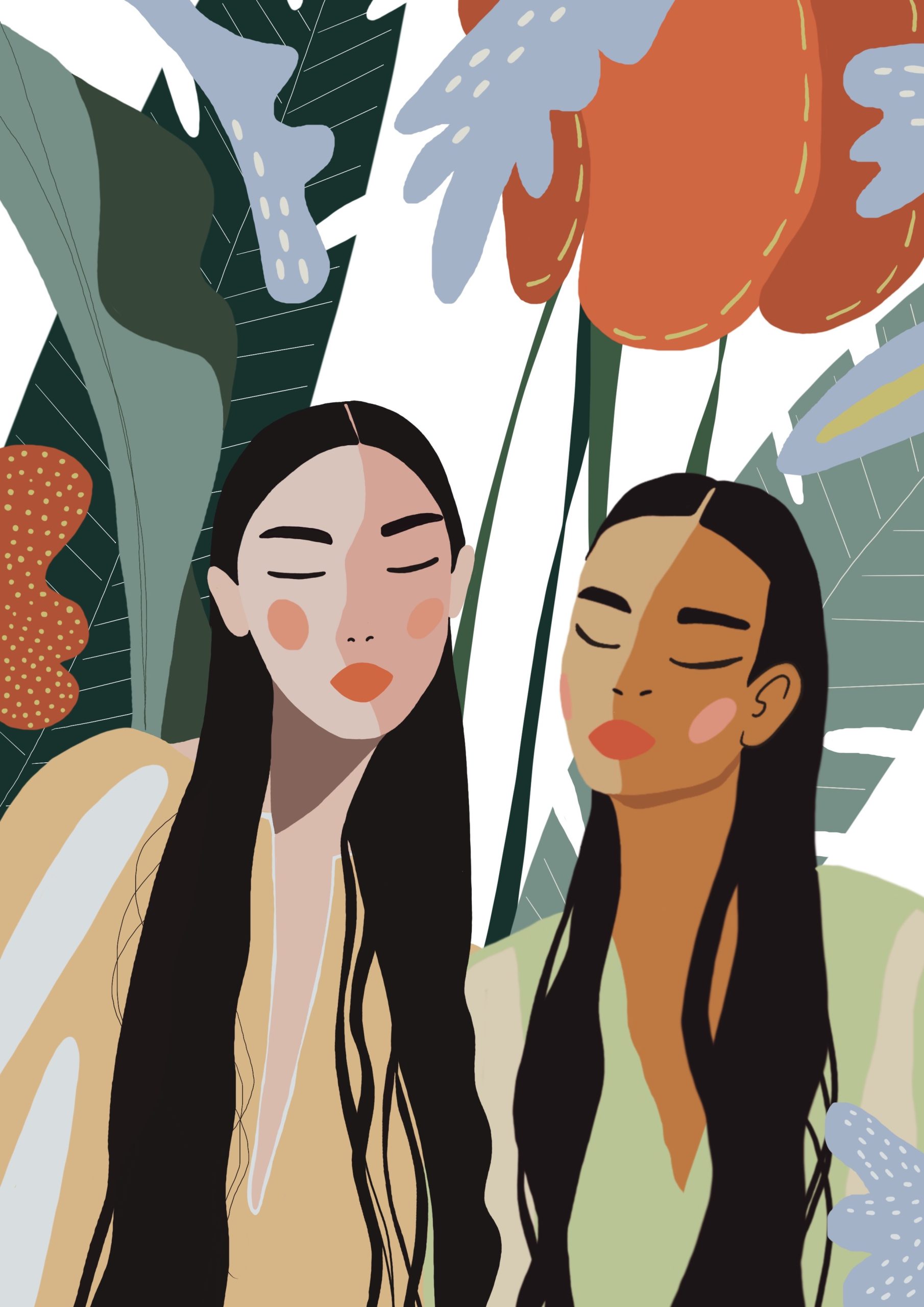 Illustration of two women with long dark hair among tropical flowers