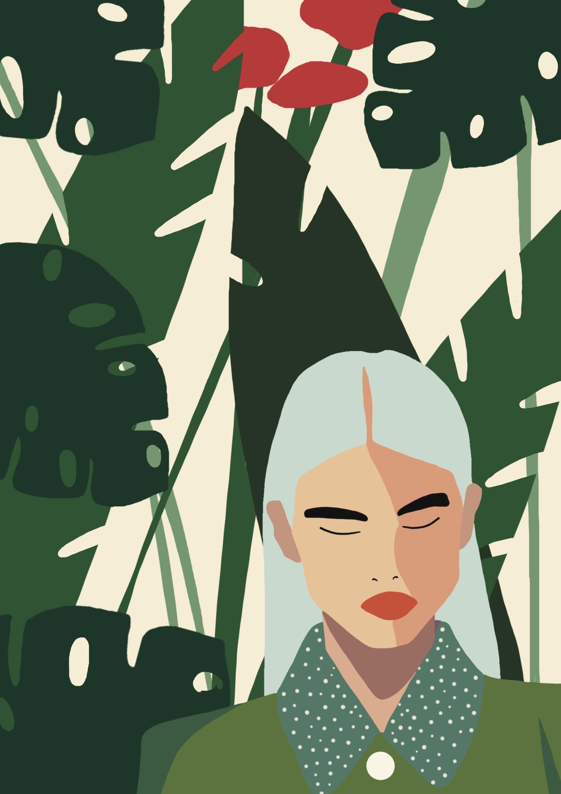 Illustrations Illustration of a woman with mint hair and a polka dot collar among monstera leaves