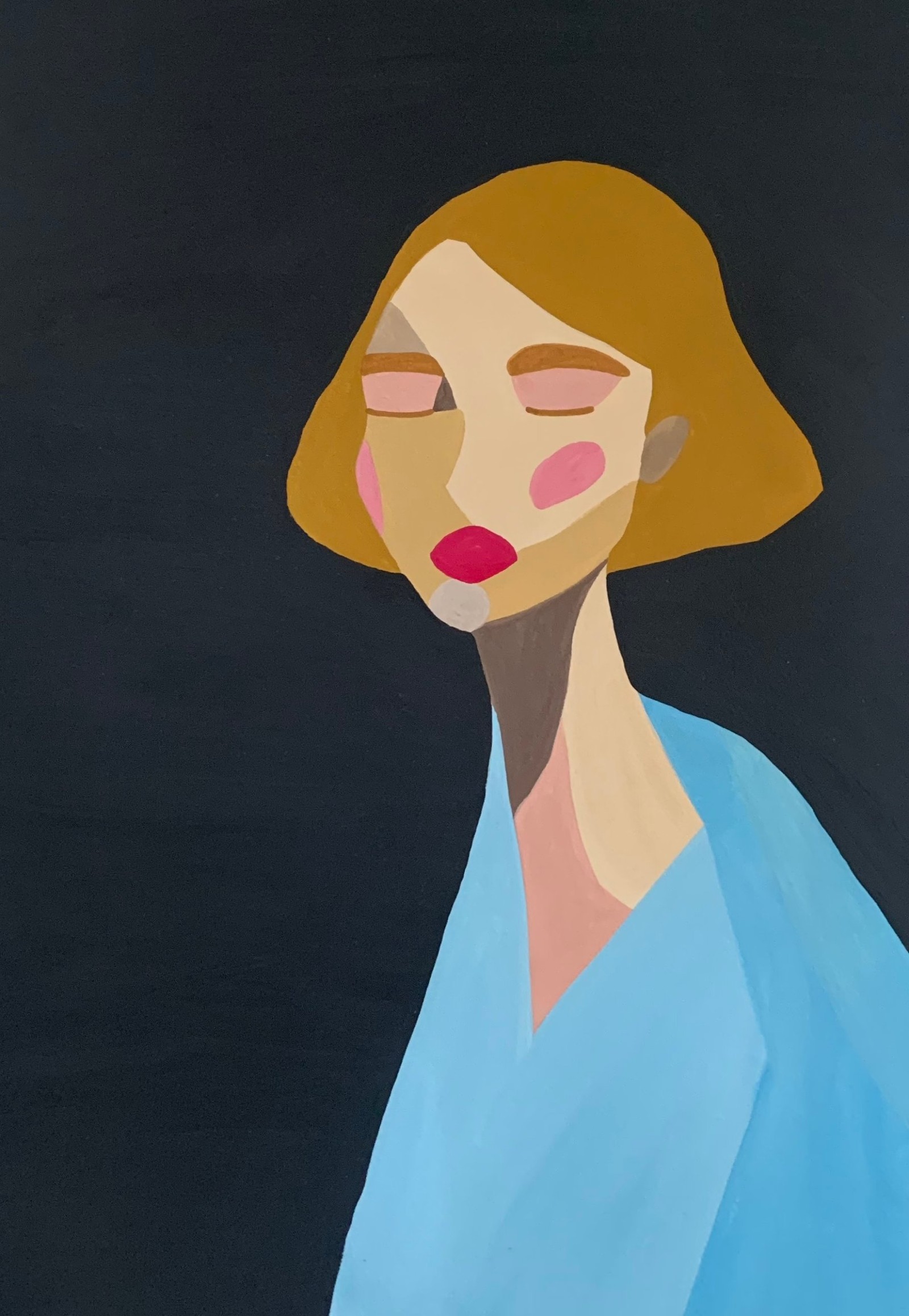 Paintings Acrylic painting of a blonde woman with short hair and a light blue top on a dark background