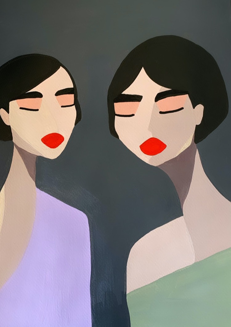 Paintings Acrylic painting of two women with closed eyes in lilac and green on a dark background