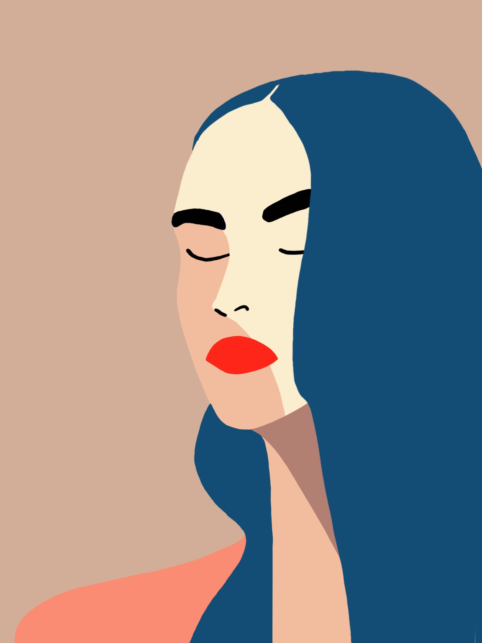 Illustrations Illustration of a woman with long navy blue hair and closed eyes on a dusty pink background
