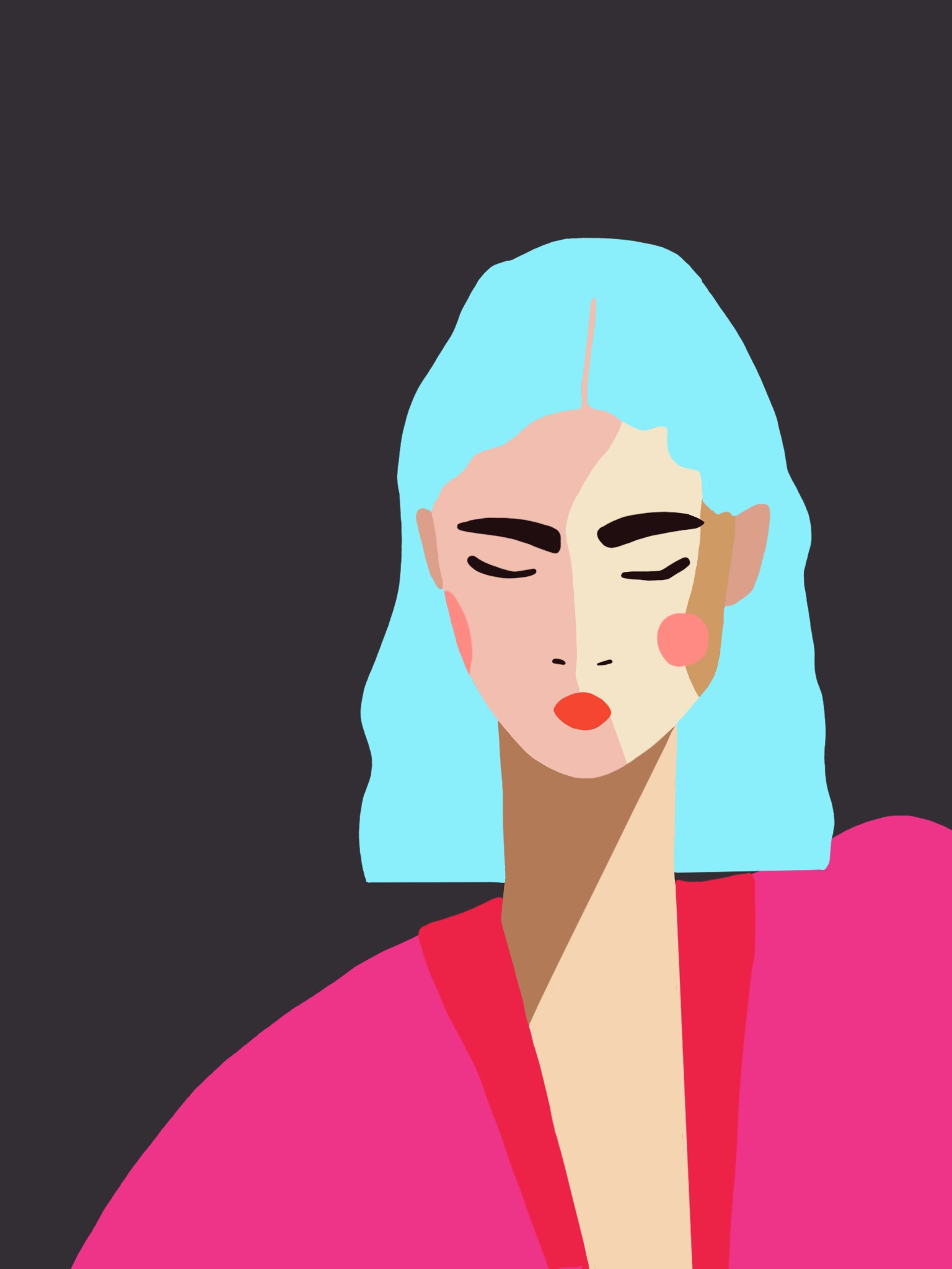 Illustrations Illustration of a woman with bright aqua hair and a pink kimono on a dark background
