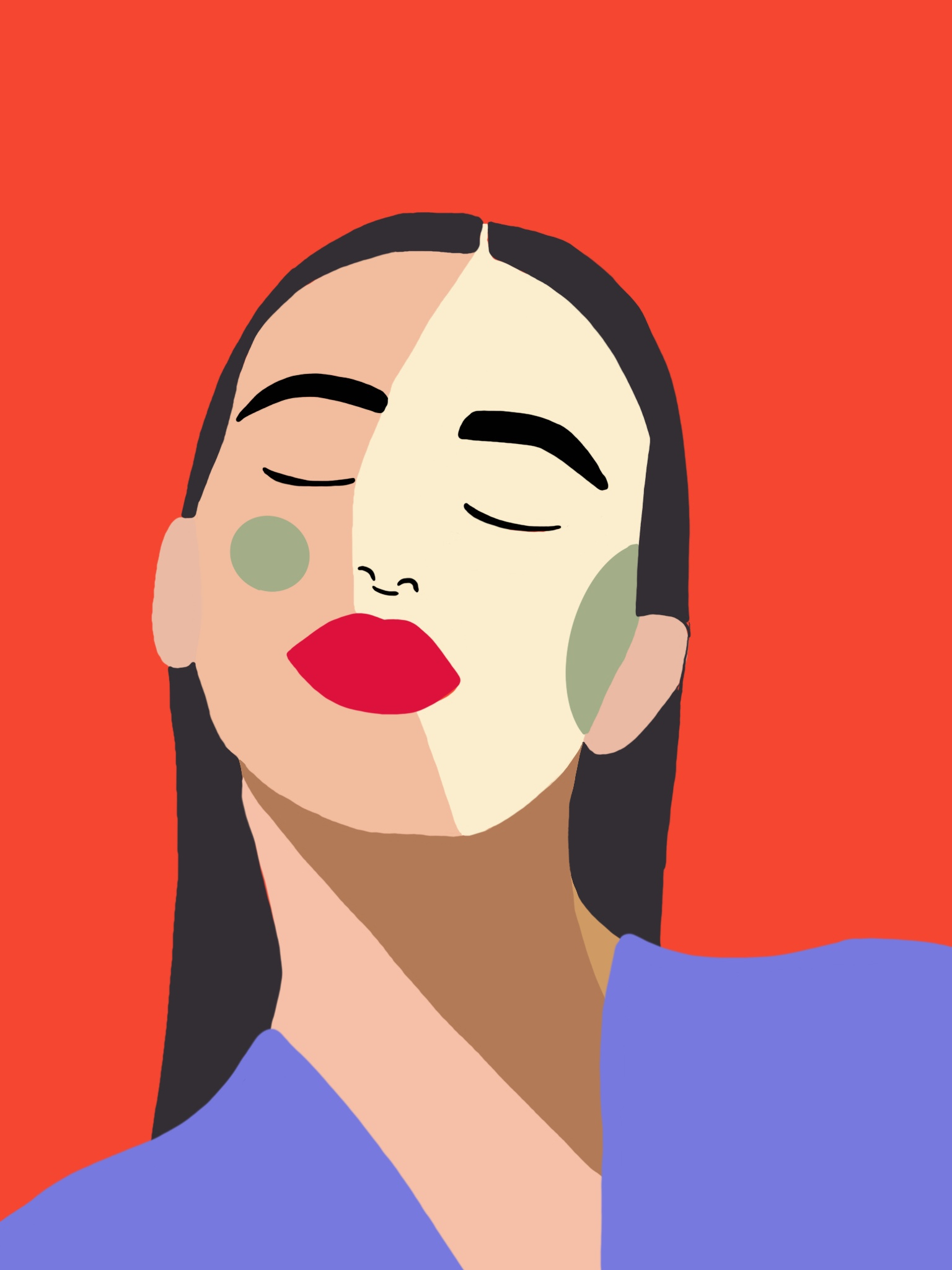 Illustrations Illustration of a woman with closed eyes and her face tilted up on a bright red-orange background