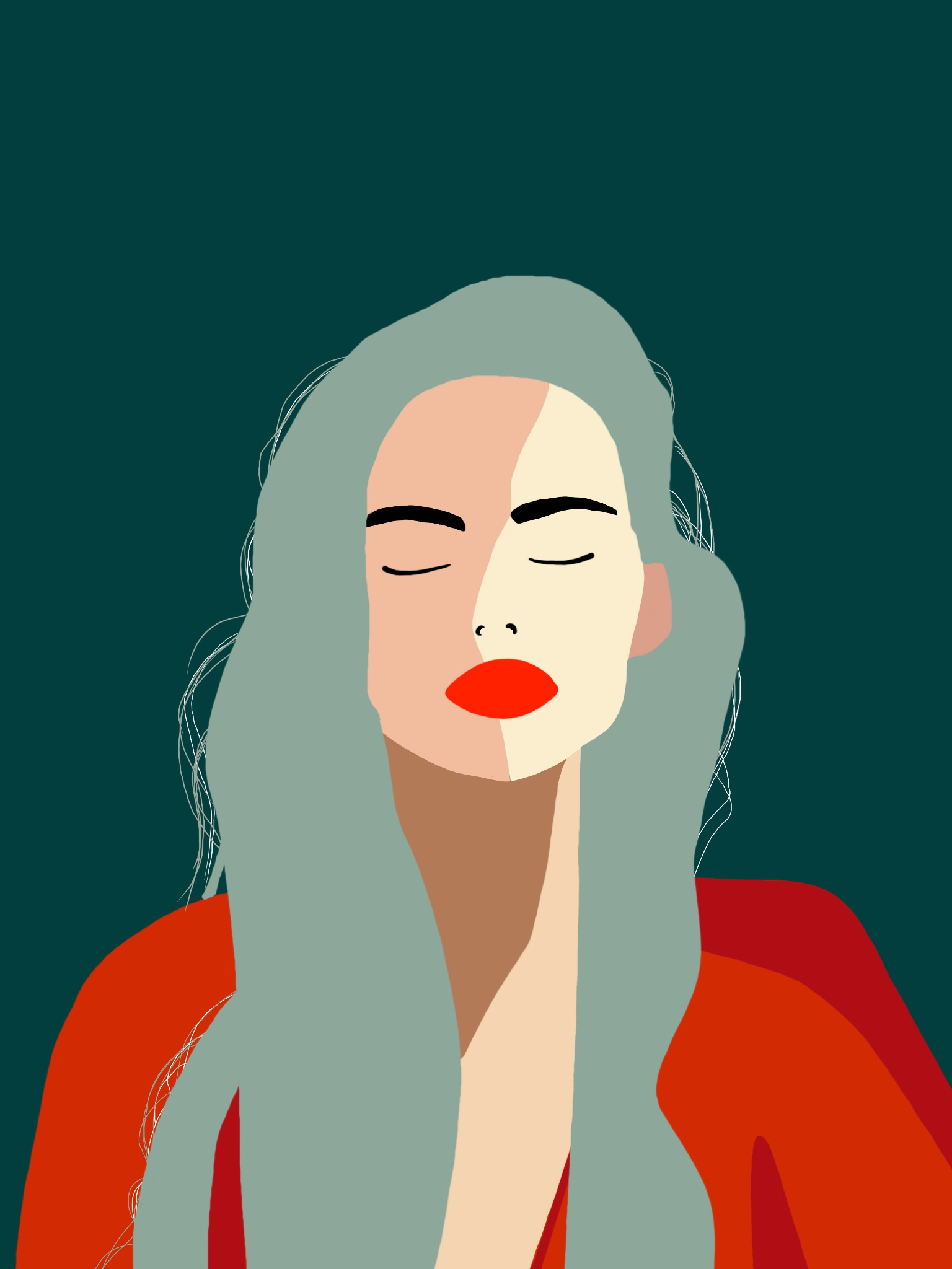 Illustrations Illustration of a woman with long sage green hair and a red top on a dark teal background